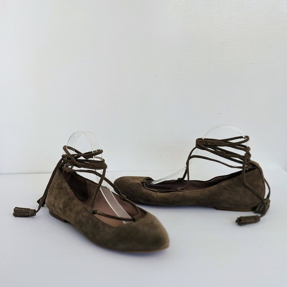 Madewell Shoes - Madewell Shoes Inga Womens 8.5 Brown Suede Ankle Tie Ballet Flats Tassel Almond